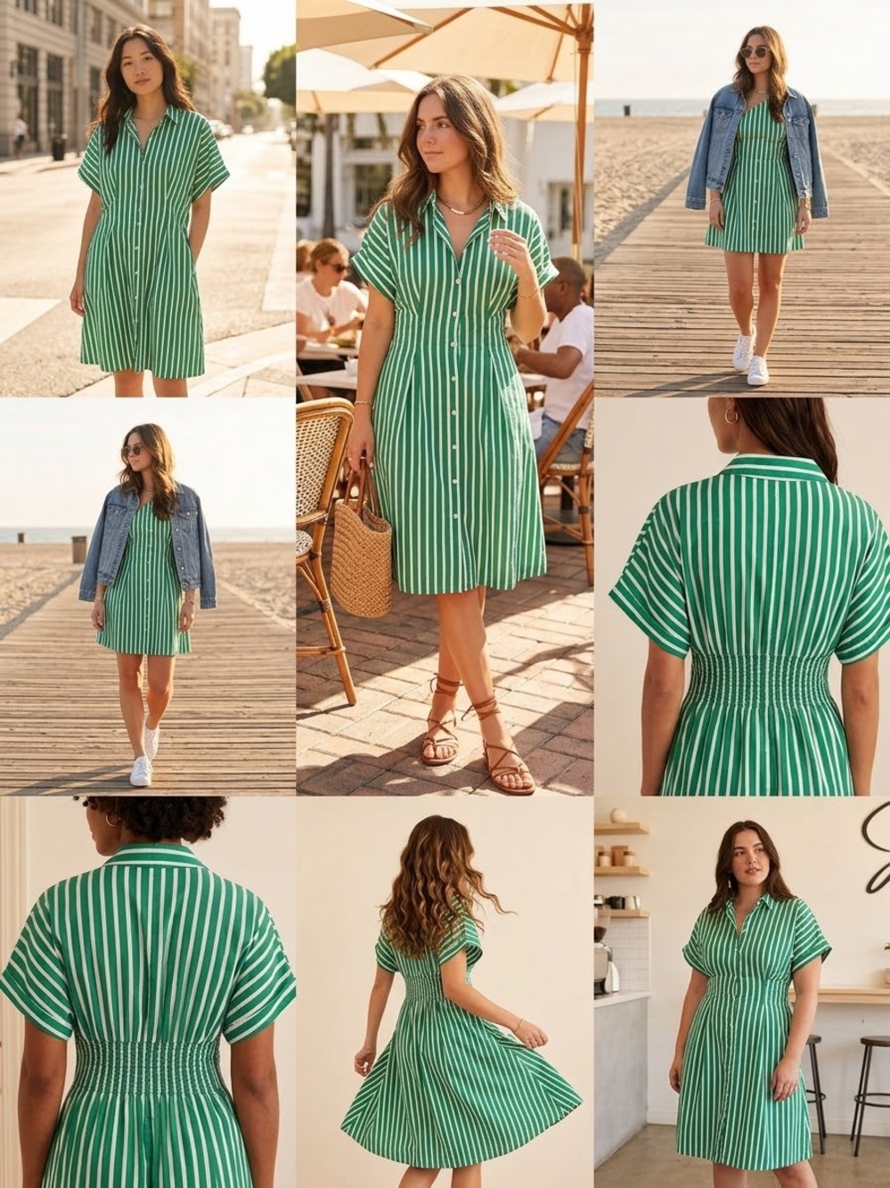 Japna Green and White Striped Button-Front Shirt Dress